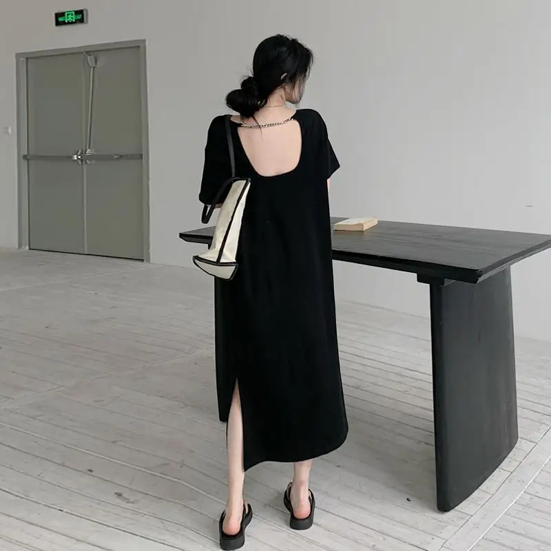 Robe d'été unie ajourée à col rond pour femme, t-shirt à manches courtes, licou, robes décontractées, été
