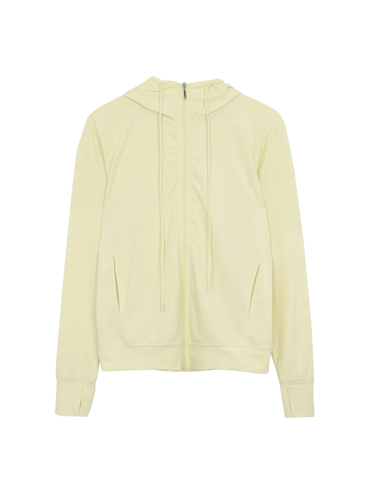 سترة نسائية صيفية عصرية باللون الأصفر للحماية من الشمس، بغطاء للرأس وسحاب وأكمام طويلة مصنوعة من ألياف البوليستر