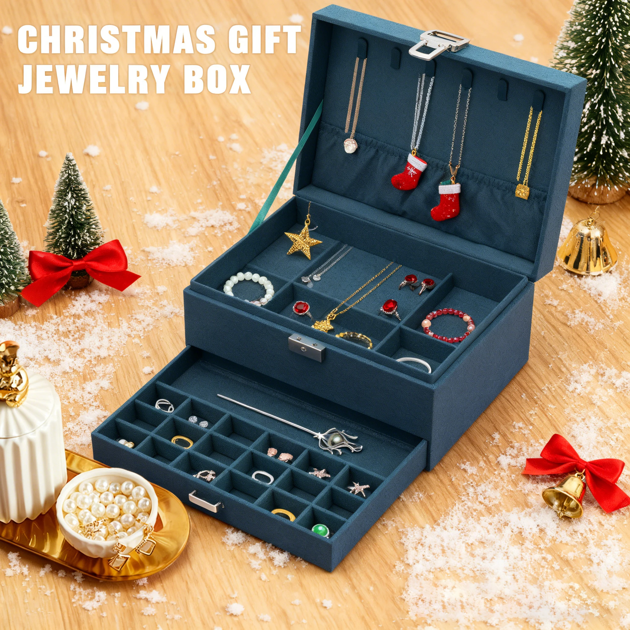 

3-Layer Jewelry Organizer Box for Women, Large Capacity Green Velvet Jewelry Boxes Display Storage Case with Lock for Rings