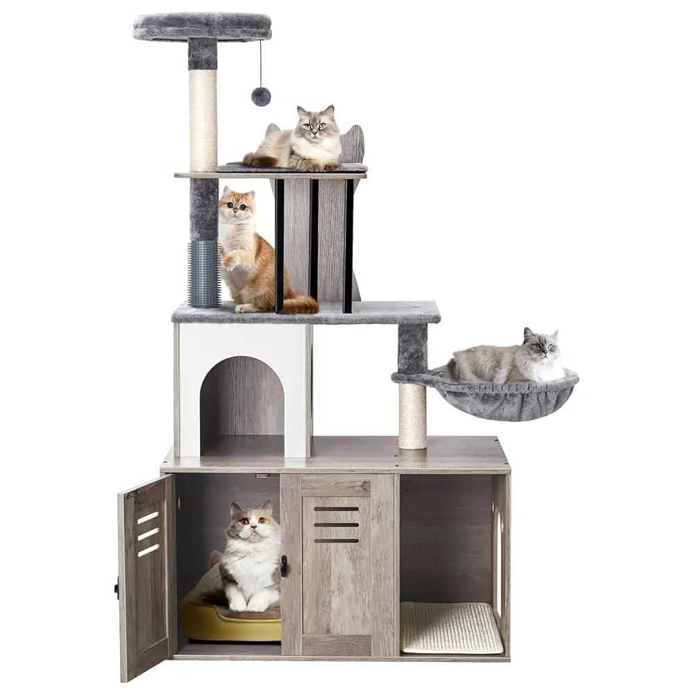 

Cat Tree With Litter Box Enclosure Furniture, 2-In-1 Modern Cat Tower, 58.66’’ Wood Cat Condo With Scratching Post And Hammock,