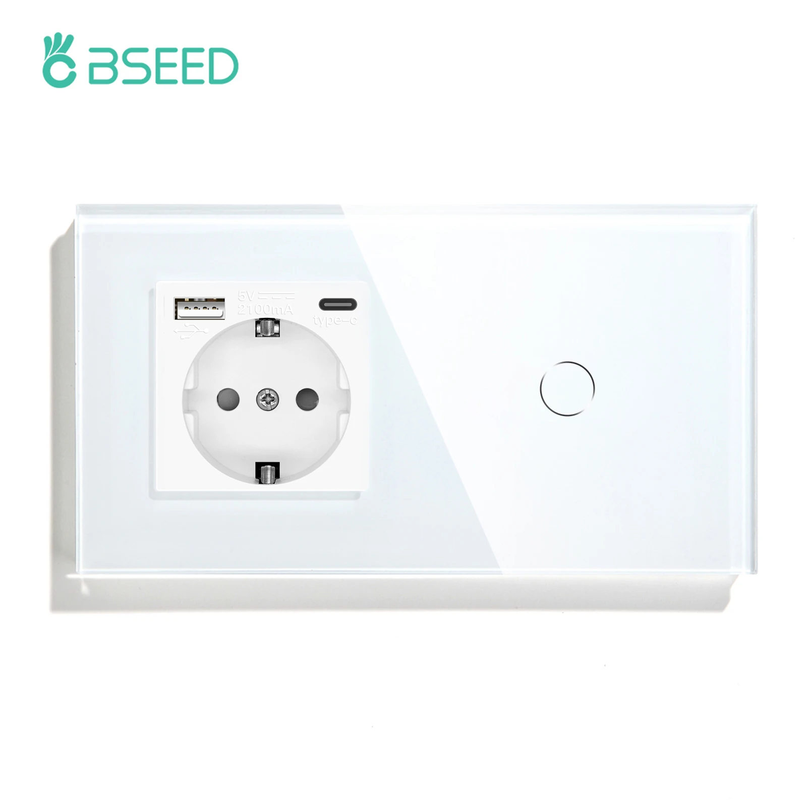 Bseed Wand Stopcontact Met 1/2/3 Bende 1way Touch Light Schakelaar Usb Type-C Lading Stopcontact Glas Paneel Witte Wandschakelaar