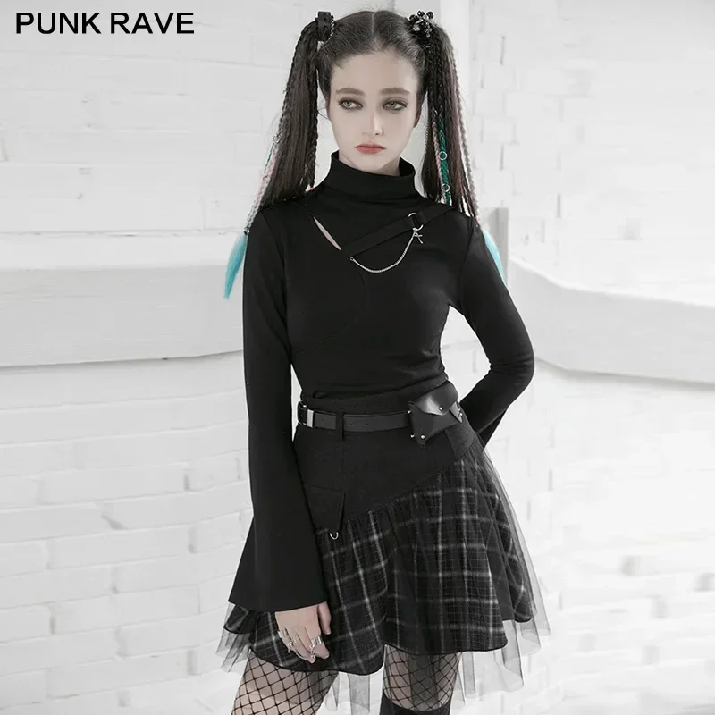 PUNK RAVE Women's Punk Style Mesh Stitched Plaid High Waist Fluffy Skirt Daily Wear Personality Thick Cool Girl Mini