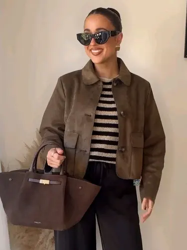 HH Street-chaquetas con efecto de terciopelo inverso para mujer, abrigos Vintage de un solo pecho con bolsillos y solapa lisa, otoño 2025