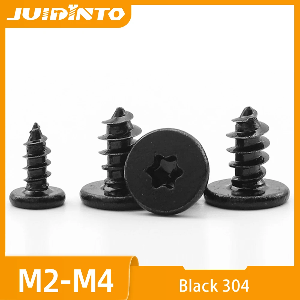 JUIDINTO 10-50pcs 304 Black Steel Stainless Torx Ultra Thin Flat Head Self Tapping Screws M2 M3 M4 Star Drive Super Lower Screws
