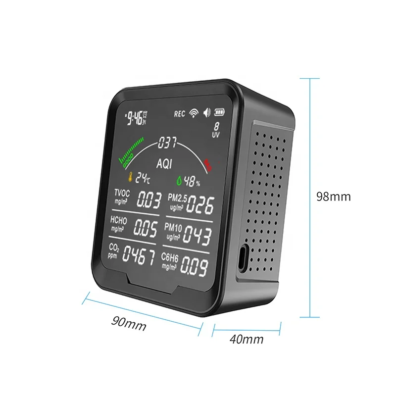 9B WIFI Air Quality Detector CO2 HCHO TVOC PM2.5 PM10 AQI UV C6H6 Temperature Humidity Clock Alarm Clock 12 in 1 Air Monitor