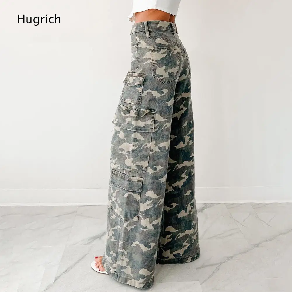 Camouflage Printed Multi Pocket Wide Leg Cargo Pants For Women High Waist Loose Fit Full Length Daily Street Casual Bottom