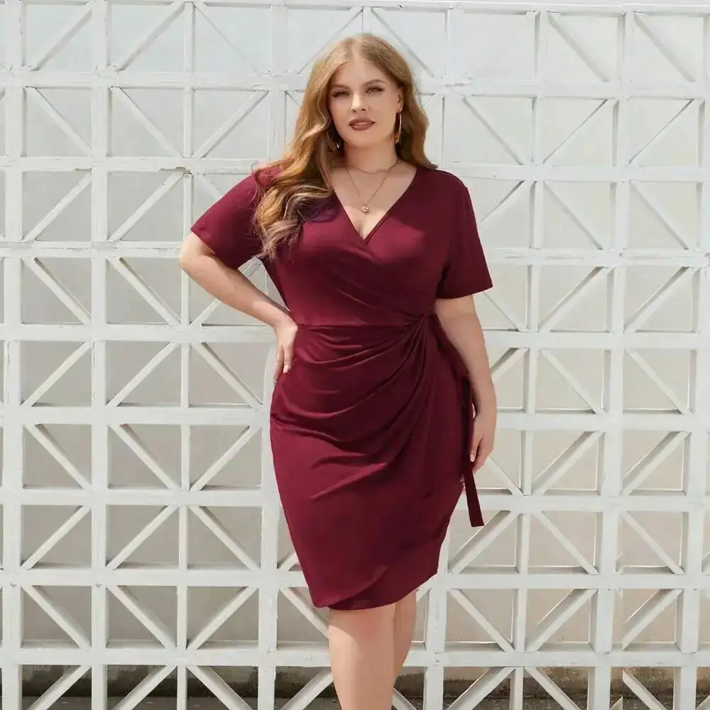 

Oversized Pleated Women's V-neck Wine Red Dress, Summer Minimalist Socialite Temperament, Hip Hugging Skirt Elegantes Casual Y2k