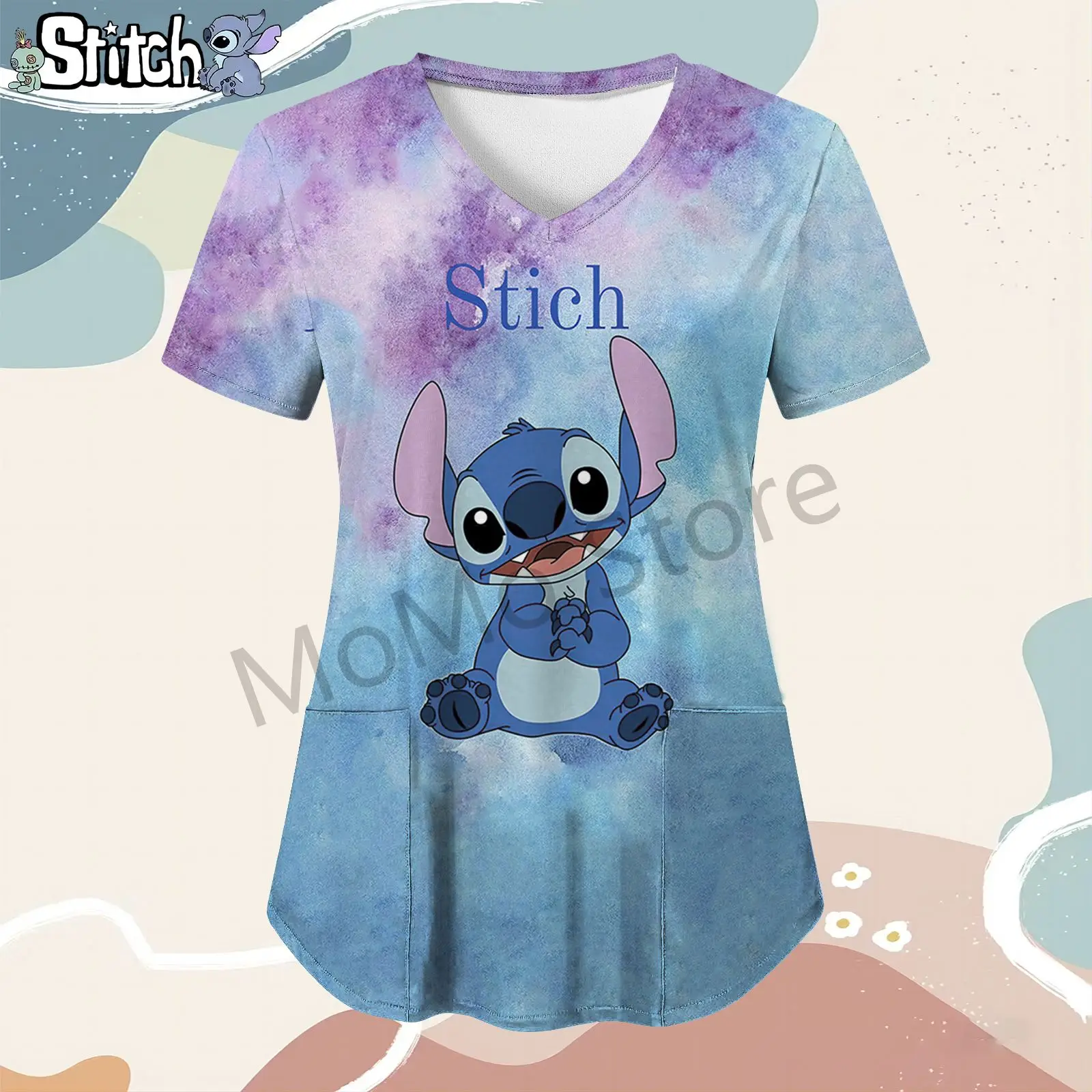 Disney  Stitch Pocket Kawaii Women's V Neck Nurse Uniform T-Shirt S-2XL Summer Street Wear Tshirts Woman Y2k Tops 2024 T-shirts