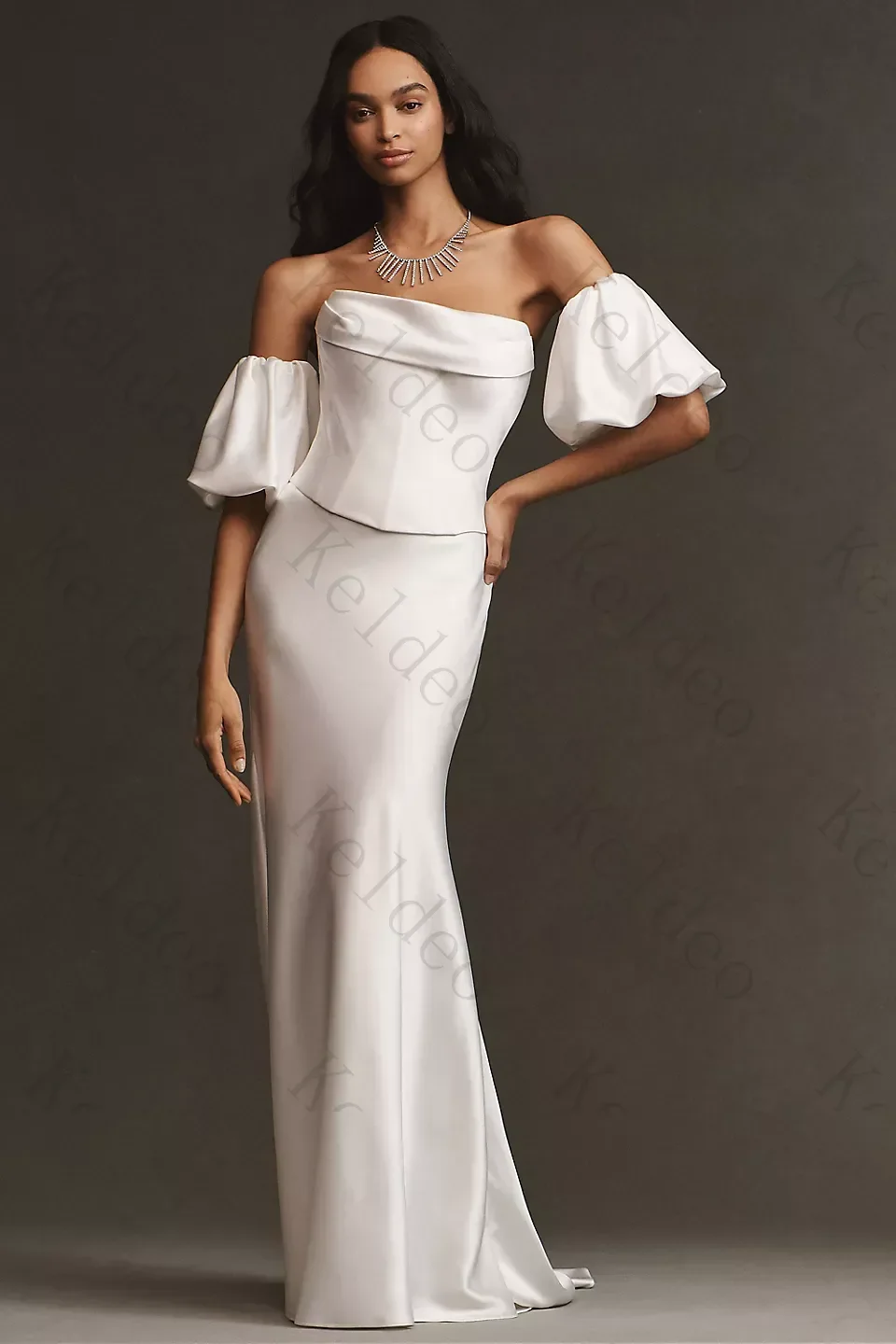 Customized Modern Mermaid Wedding Dresses Off‑the‑Shoulder Puff Short Sleeves Satin Back Button Detail Floor‑Length Bridal Gowns