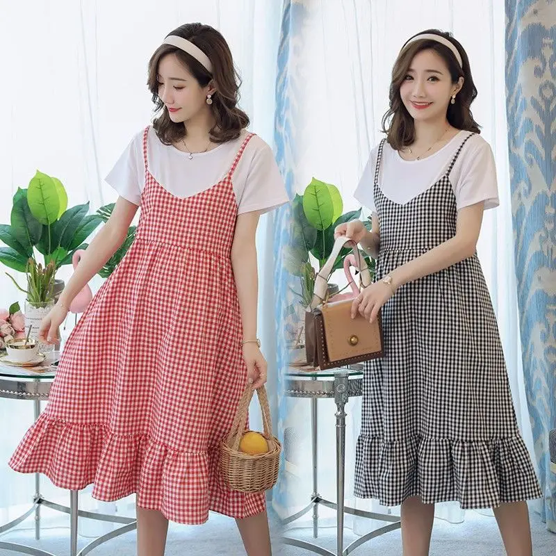 

New Maternity Dress Summer Short-Sleeved Plaid Korean Version Of Loose Large Size False Two-Piece Maternity Skirt Summer Clothin