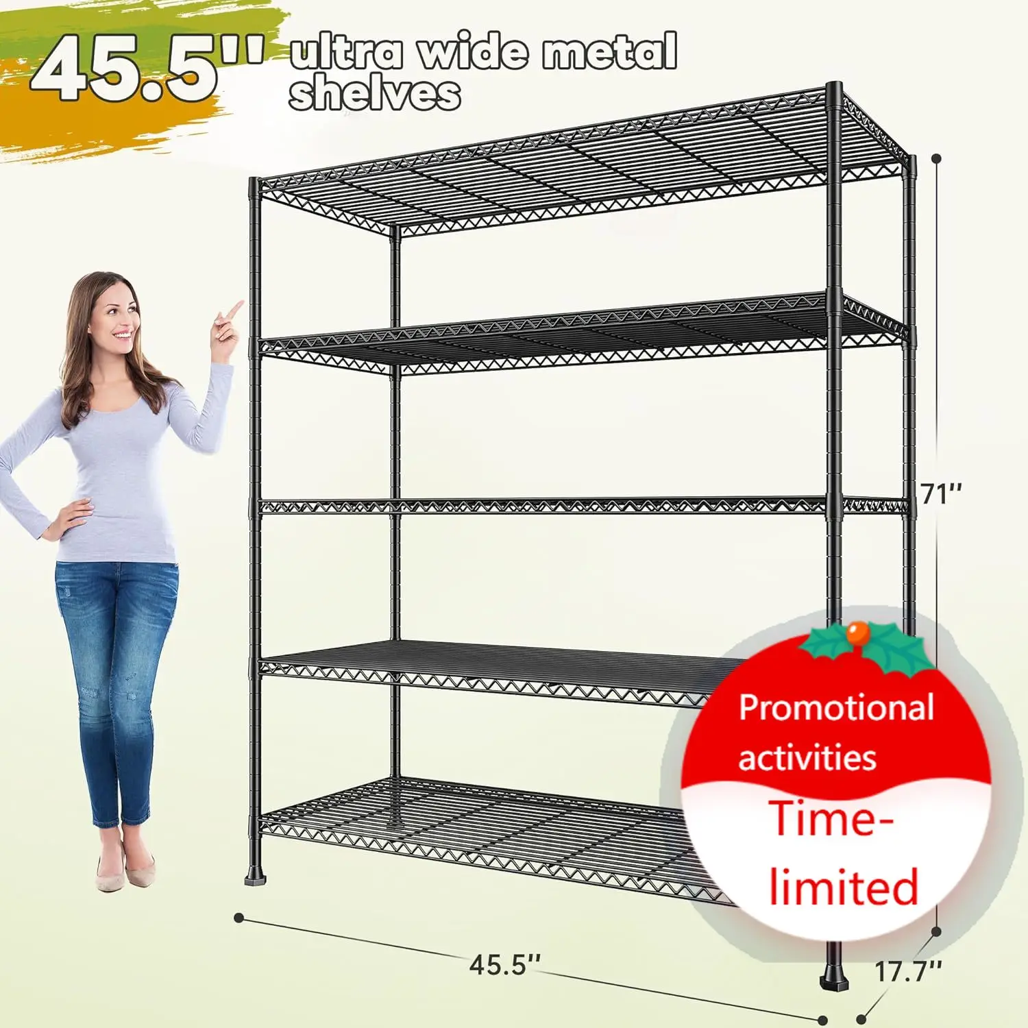

REIBII 45.5''W Storage Shelves Wire Shelving, 5 Tier Pantry Shelves for Storage Rack, Adjustable Metal Shelving for Pantry Kitch