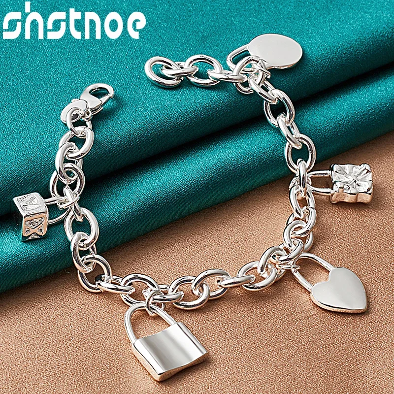 

SHSTONE 925 Sterling Silver Heart/Circle/Square Lock Chain Bracelet For Women Fashion Charm Jewelry Lady Party Birthday Gifts