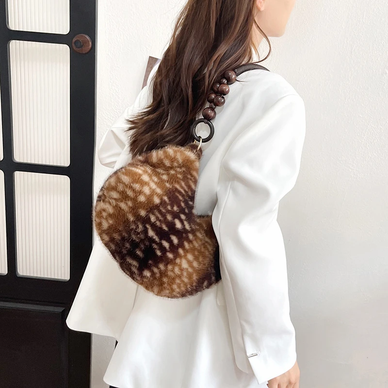 Women Faux Fur Hobo Bag Deer Spotted Plush Shoulder Bag Wooden Bead Handle Retro Underarm Handbag