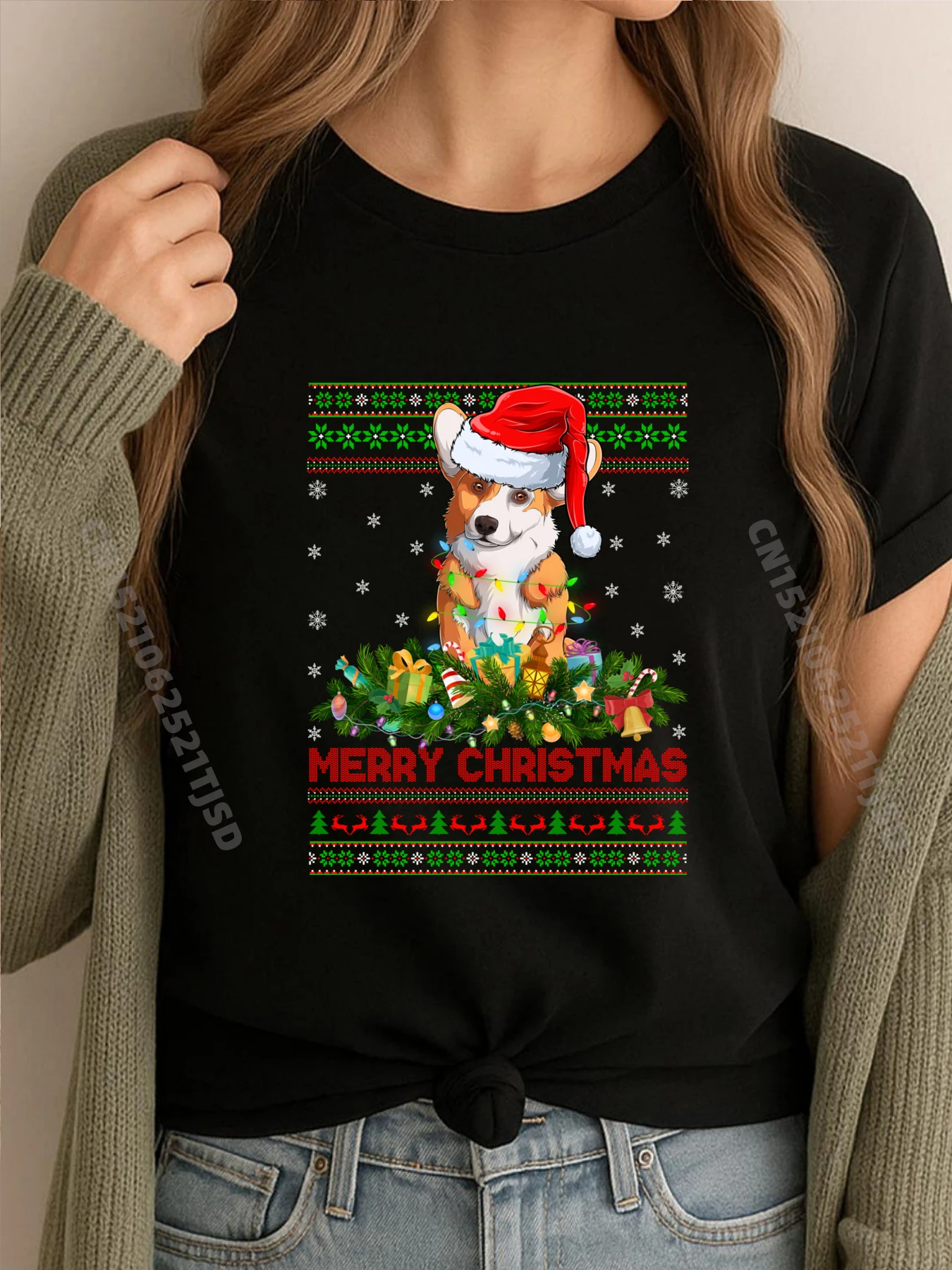 

Ugly Xmas Lights Santa Hat Corgi Dog Рождественские забавные рубашки Бесплатная доставка Одежда с принтом