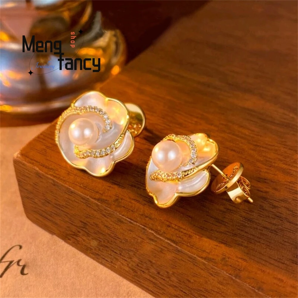 

Retro Oil-Dripping Zircon Pearl Flower S925 Silver Needle Stud Earrings For Women, High-End And Light Luxury Earrings