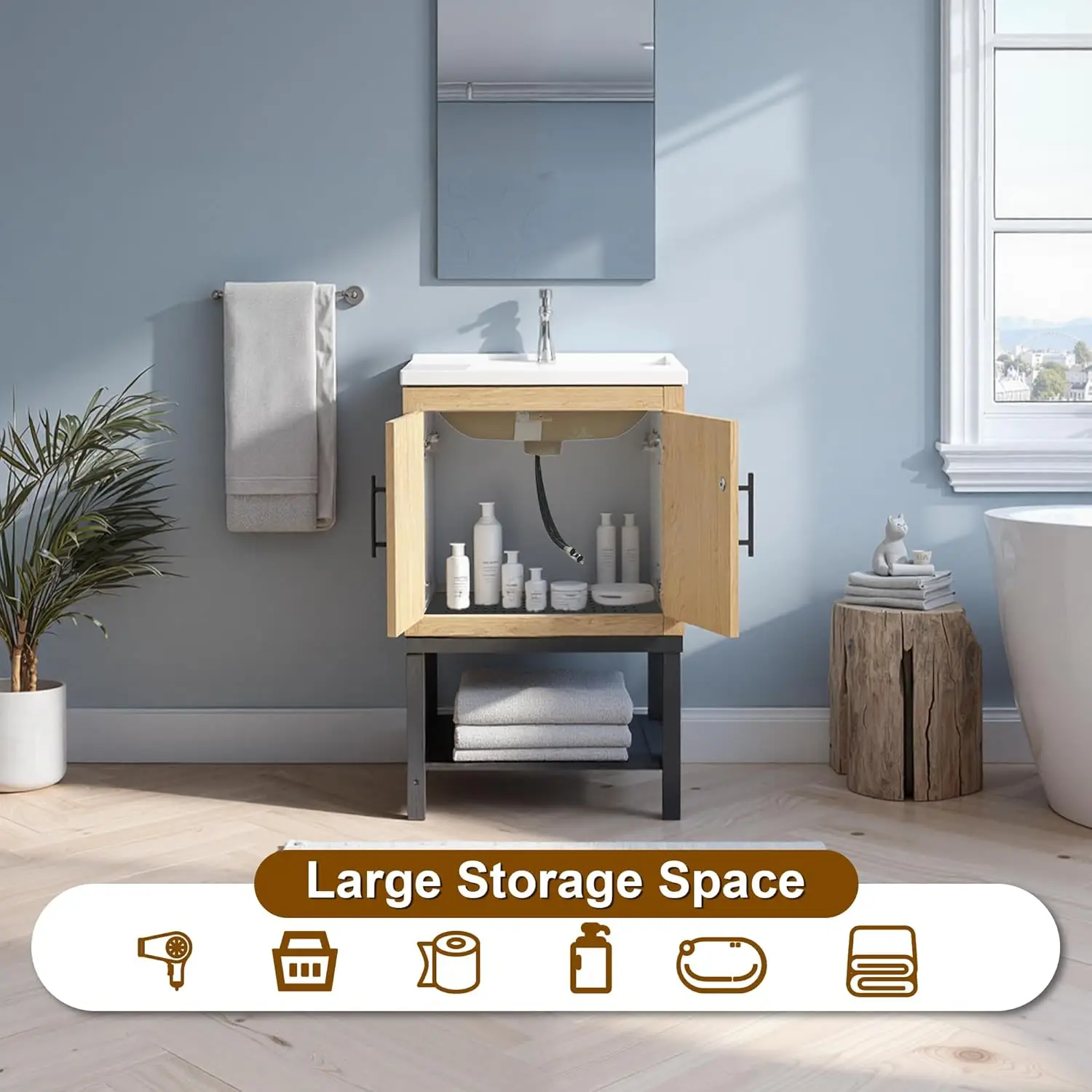 Gabinete de Banheiro Moderno de 24 polegadas com Pia, Lavabo de Cerâmica e Torneira, Personalizado