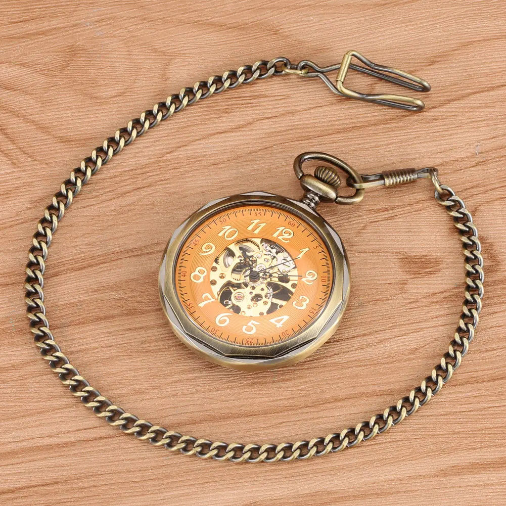 Open Face Arabic Numerals Dial Bronze Mechanical Hand Winding Pocket Watch 30 cm Pocket Chain Antique Fashion Pendant Timepiece