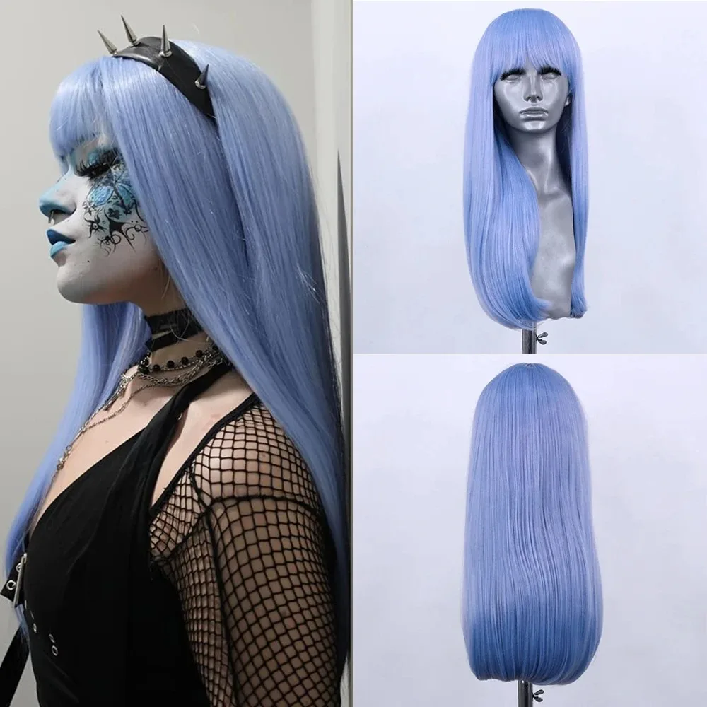 

Light Blue Wig Straight Lace Front Wig With Bangs 13x4 HD Glueless High Quality Synthetic And Blend Lace Wig Pre Plucked Cosplay