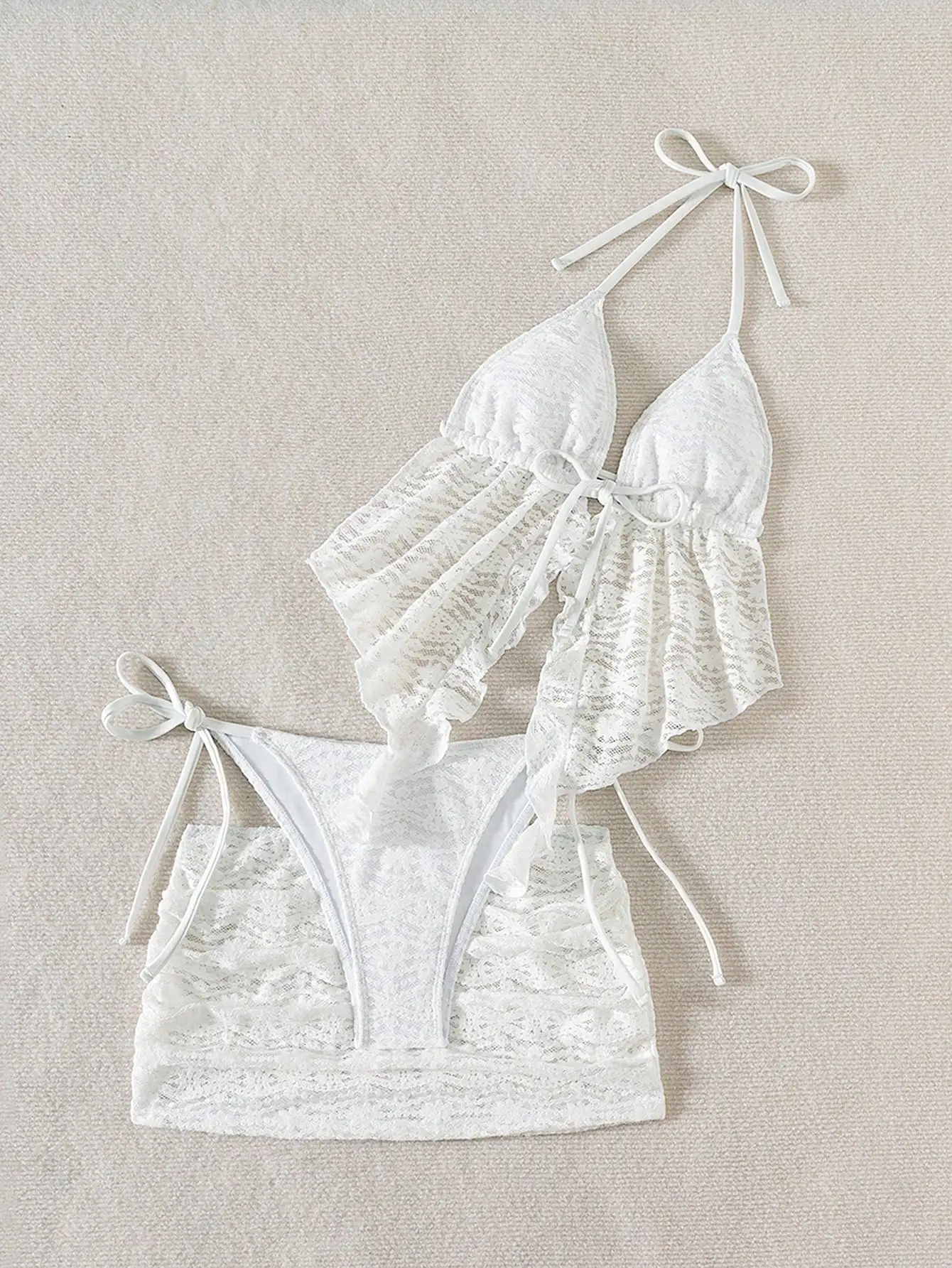 

White Boho Lace Three-Piece Beach Set With Tie-Strap Top And Ruffled Bikini Bottom For Summer Festival Wear