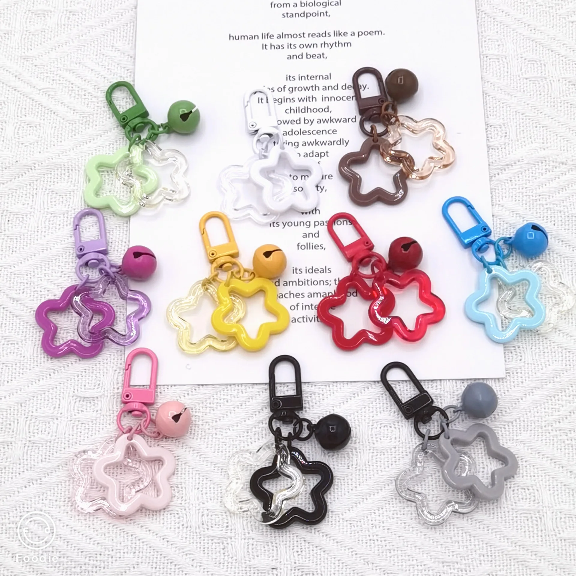 2PCS Five pointed Star Bell Pendant Keychain Elegant Candy Color Bag Keyring Jewelry For Women Car Hanging Trinket Key Holder