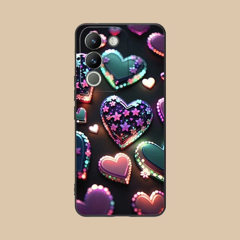 Y2K Glowing Love Hearts Mobile Phone Case for VIVO Y95 Y93 Y31 Y20 V19 V17 V15 Pro X60 NEX Black Soft Phone Cover Shell