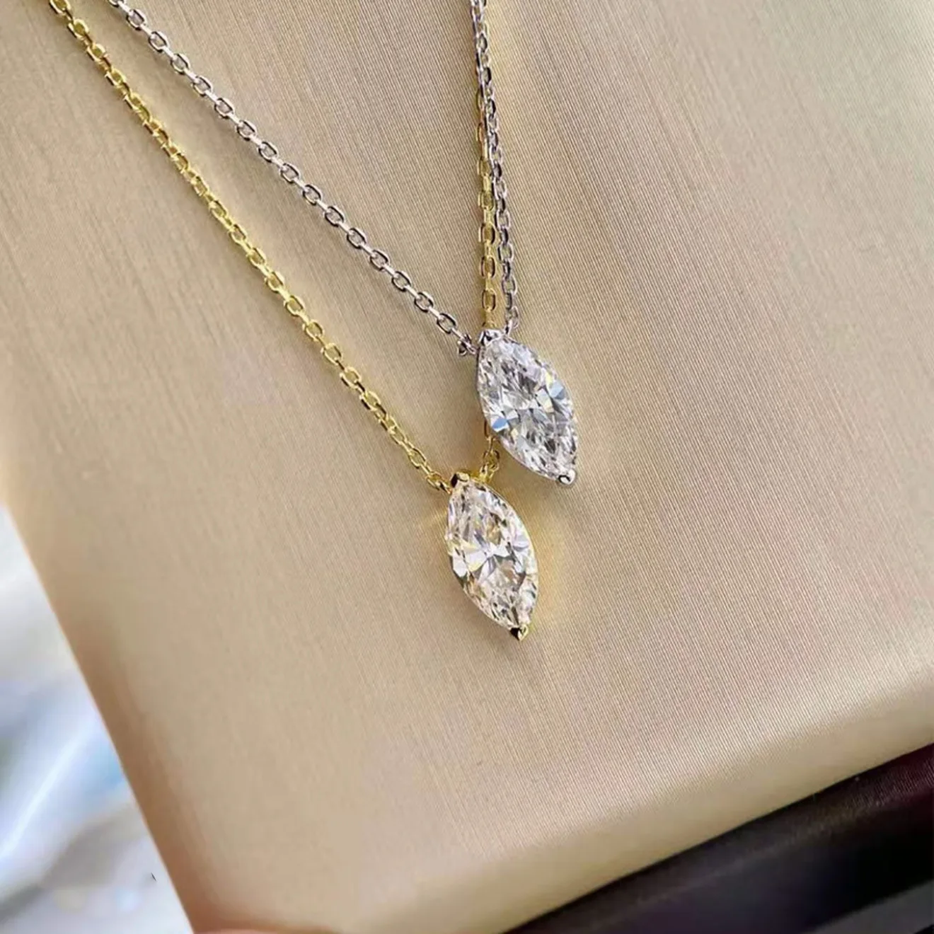 925 Silver Plated Fashion Golden Marquise Series Zircon Ring Necklace For Women Engagement Wedding Simple Jewelry Set