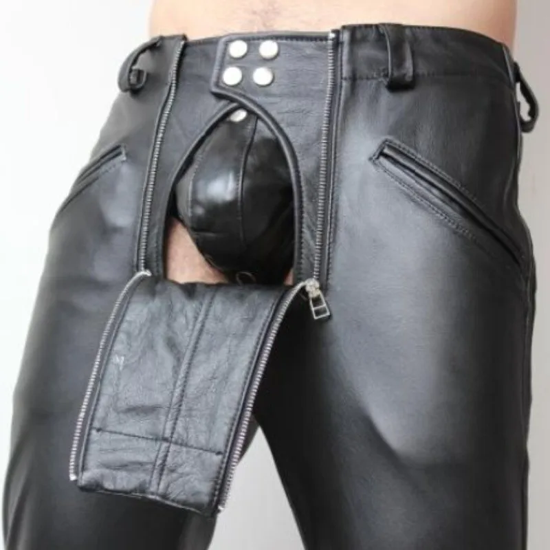Winter New Men's Genuine Leather Pants Fashion Double Zipper Sexy Cowhide Trousers 2026 Male Singer Costumes Oversize Jeans