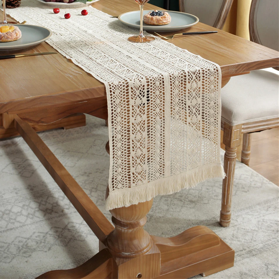 Runner da tavola con nappe all\'uncinetto Beige, tessuto Blende in cotone per la cucina, tavolino da pranzo, decorazioni per le vacanze di compleanno