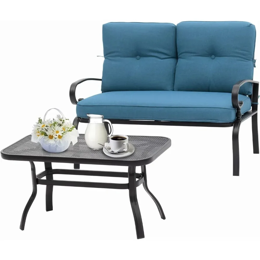 

Patio Loveseat with Coffee Table - Outdoor Bench with Cushion,2 Piece Wrought Iron Outdoor Loveseat Metal Frame Porch Furniture