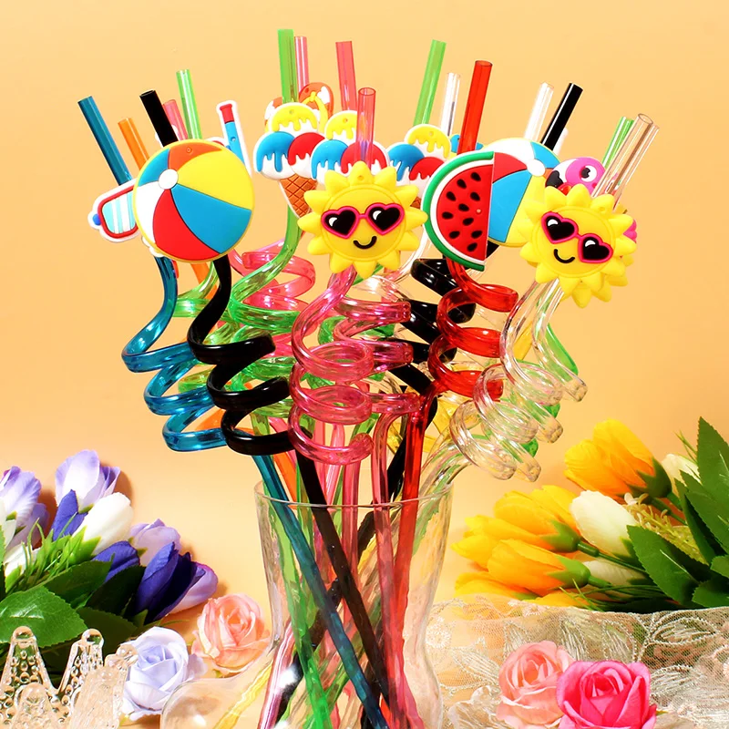 8 pajitas en espiral reutilizables para la playa, pajitas decorativas con temática de fiesta en la playa, perfectas para fiestas de cumpleaños y cócteles.