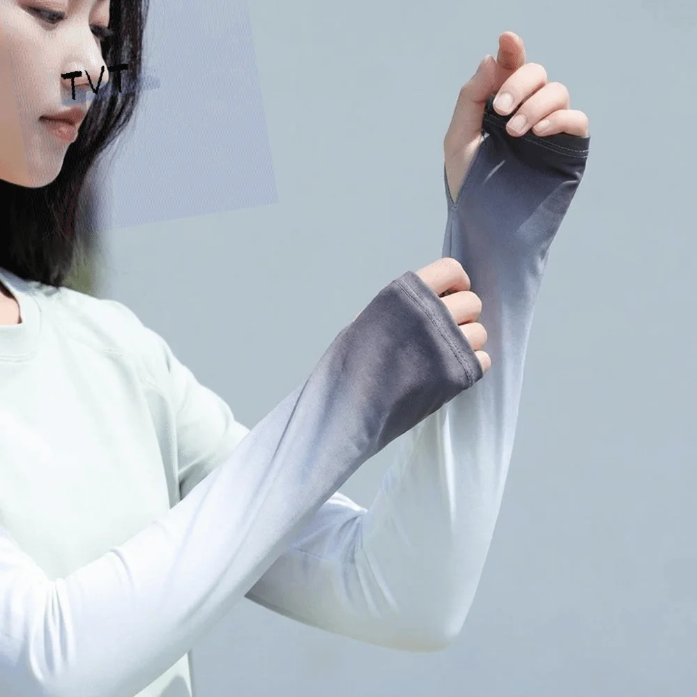 

Cute Pulling Rope Ice Silk Arm Sleeves Gradient Color Flared Sunscreen Arm Sleeves Large UV Protection Cycling Arm Cover Girl
