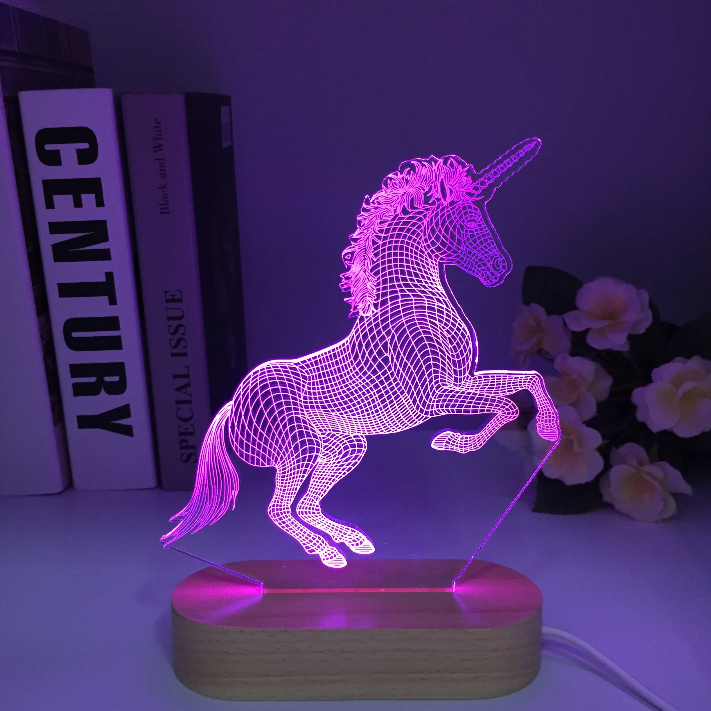 Wooden 3D Led Illusion Lamp Unicorn Night Light for Kids Remote Smart Touch 16 Colors Changing Unicorn Toys Gifts for Girls