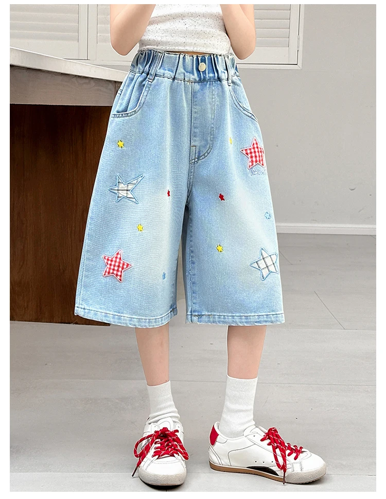 Kinder Sommer Retro Blaue Denim-Shorts mit Sternen für Tweens Mädchen Hip-Hop Taschen Hohe Taille Schmale Knielange Capri-Jeans – Detail 5