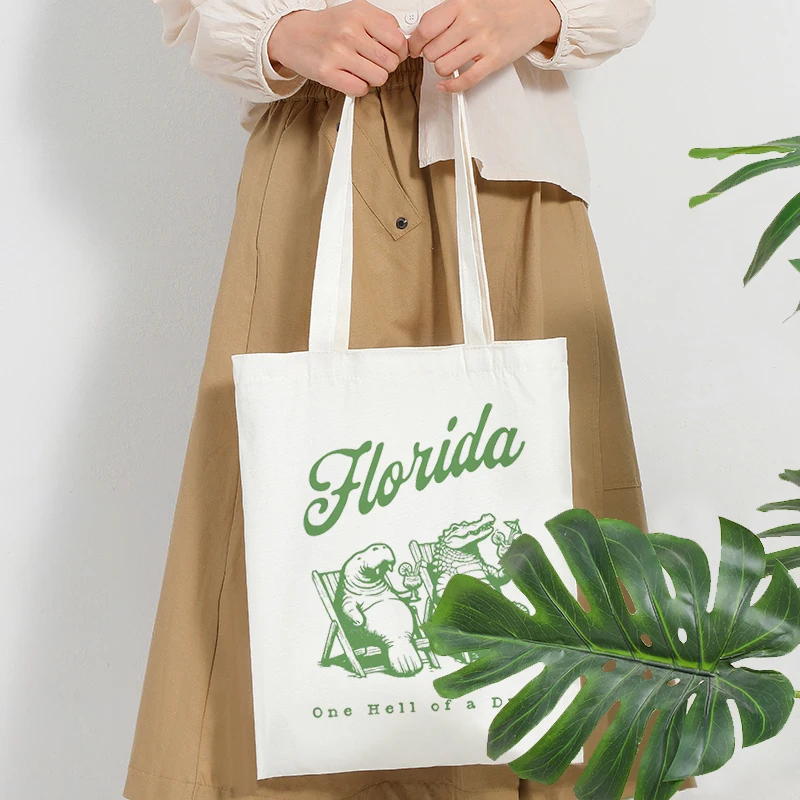 فلوريدا نمط حمل الحقائب قماش حقيبة كتف قابلة للطي للسفر التنقل اليومي المرأة قابلة لإعادة الاستخدام حقيبة تسوق كبيرة للشاطئ