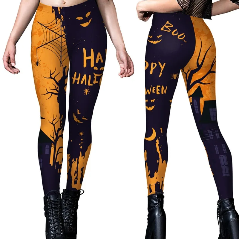 Cosplay kobiety Party dolny kostium Halloween nadruk w dynię festiwalowe legginsy seksowne spodnie obcisłe z wysokim stanem elastyczne rajstopy