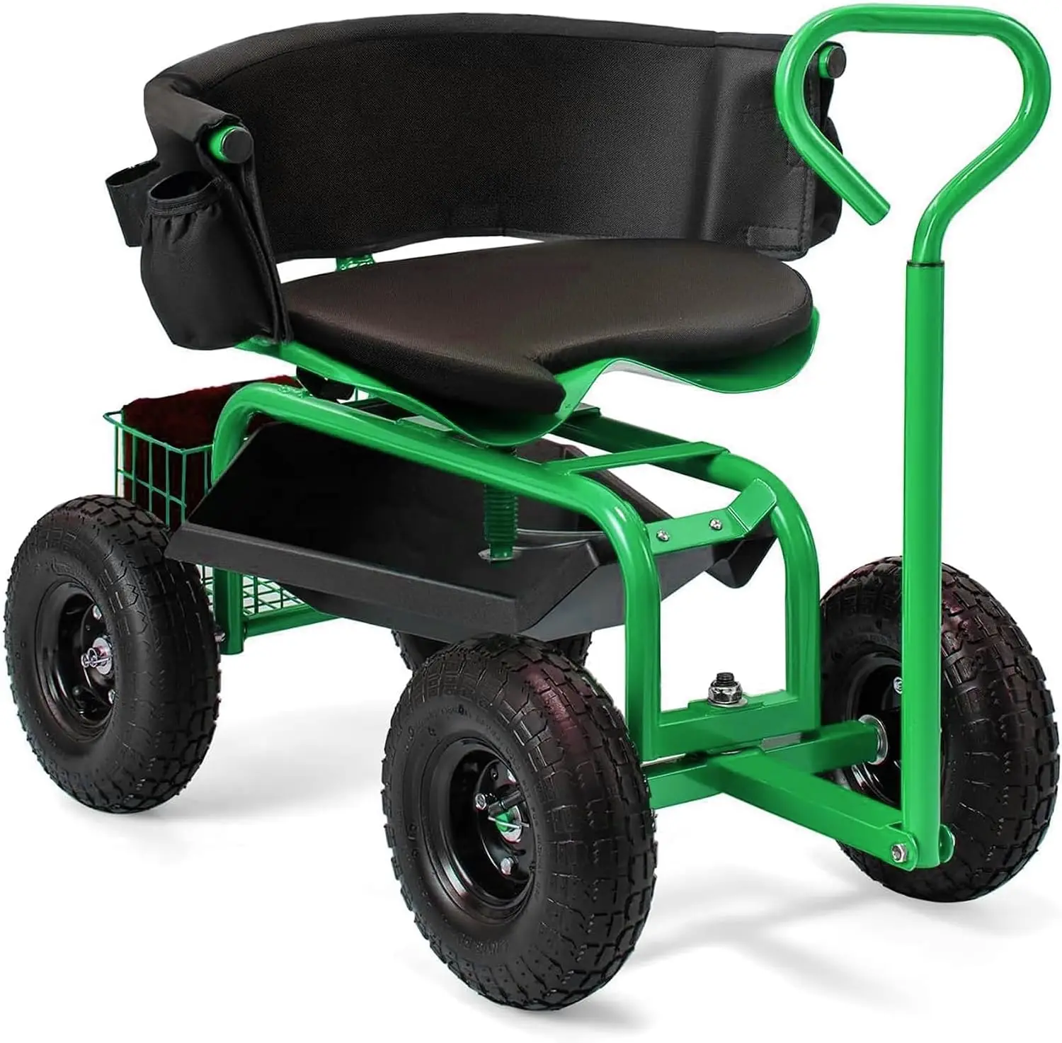 Garden Cart Rolling Workseat with Wheels, 360 Degree Swivel Seat, Wagon Scooter with Steering Handle & Utility Tool Tray