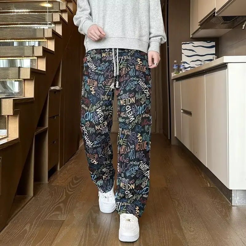 

American-Style High Street Printed Graffiti Straight-Leg Pants, Thin Casual Pants for Spring and Autumn, Elastic Waist with Drawstring Design