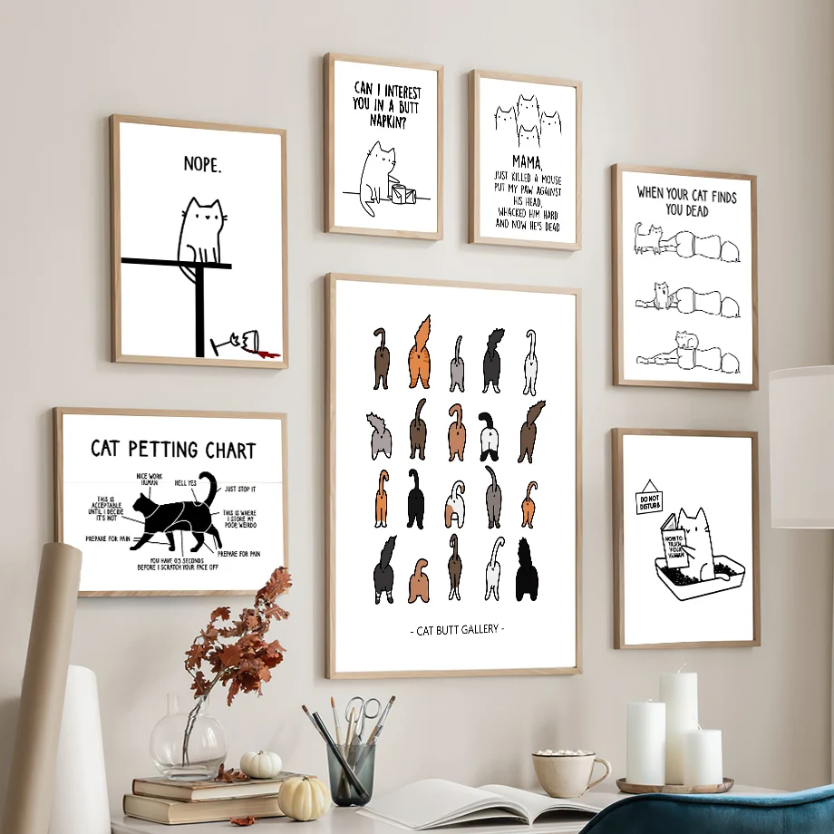 Cute Pet Funny Cat Butt Minimalist line Wall Art Canvas Painting Nordic Posters And Prints Wall Pictures For Living Room Decor