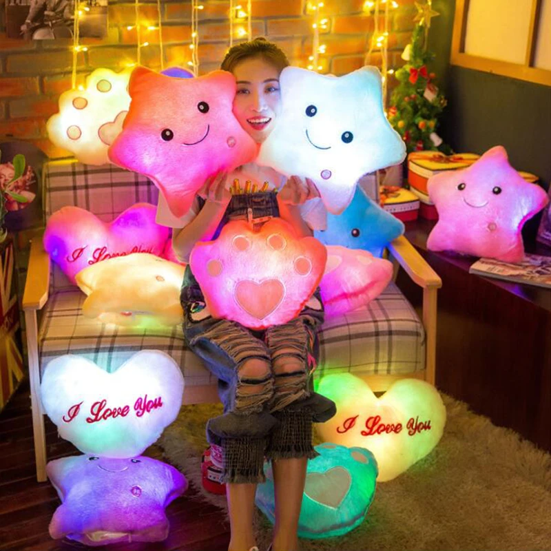 Luminous Pillow Star Cushion Colorful Glowing Pillow Plush Doll Star Heart Bear Paw Led Light Toys For Girl Kids Christmas Gifts