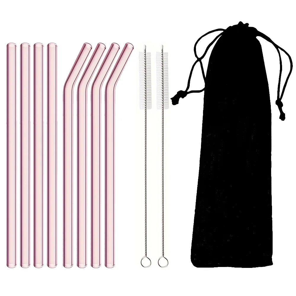 11Pcs Pink Glass Straws - Reusable Drinking Straws with Cleaning Brush, 200x8 Mm for Beverages, Shakes, Milk Tea, Juices