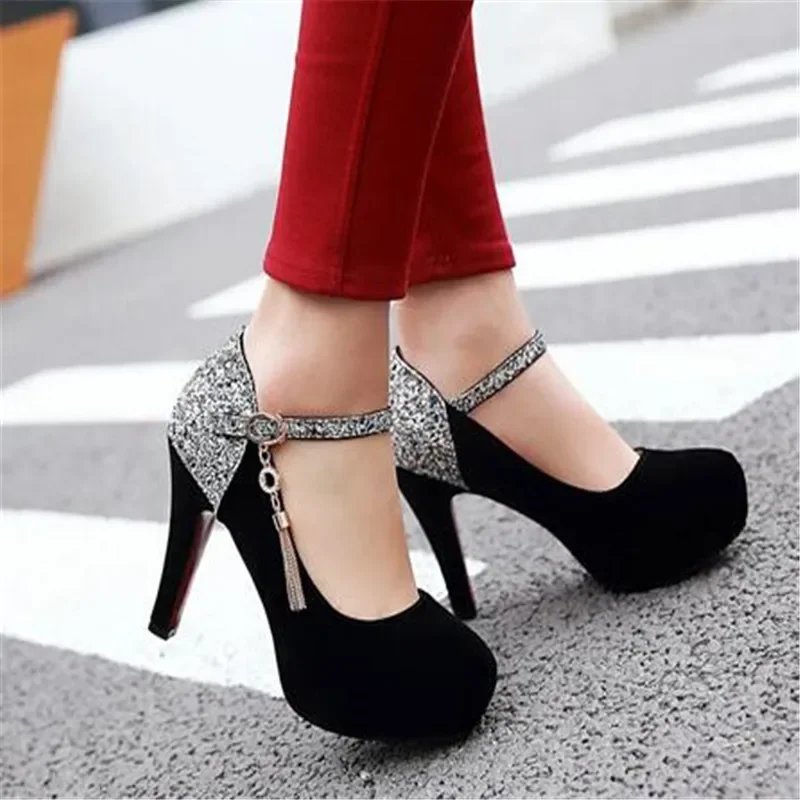 Women Bling Tassel High Heels Female Velvet Shoes Platform Bottom Pumps Ladies Evening Dress Wedding Party Shoes Big Size 41 42