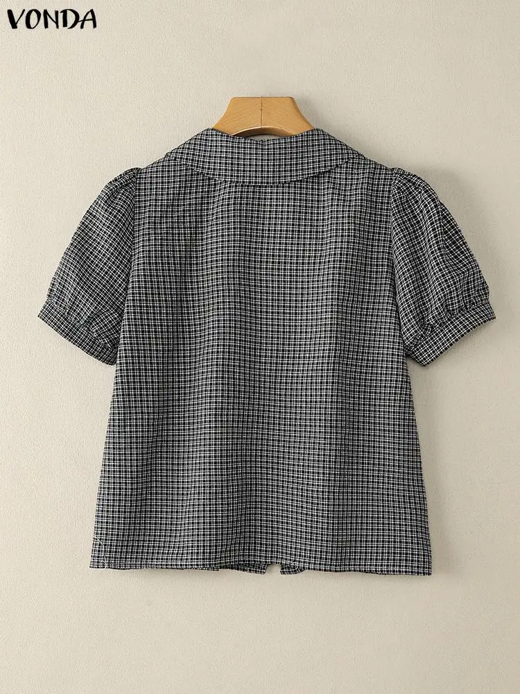 Koszule VONDA Fashion 2025 Damskie Bluzki w Kratę z Krótkim Rękawem Letnie z Kołnierzykiem Luźne Tuniki Casualowe Vintage Bluzki w Kratę Blusas Femininas