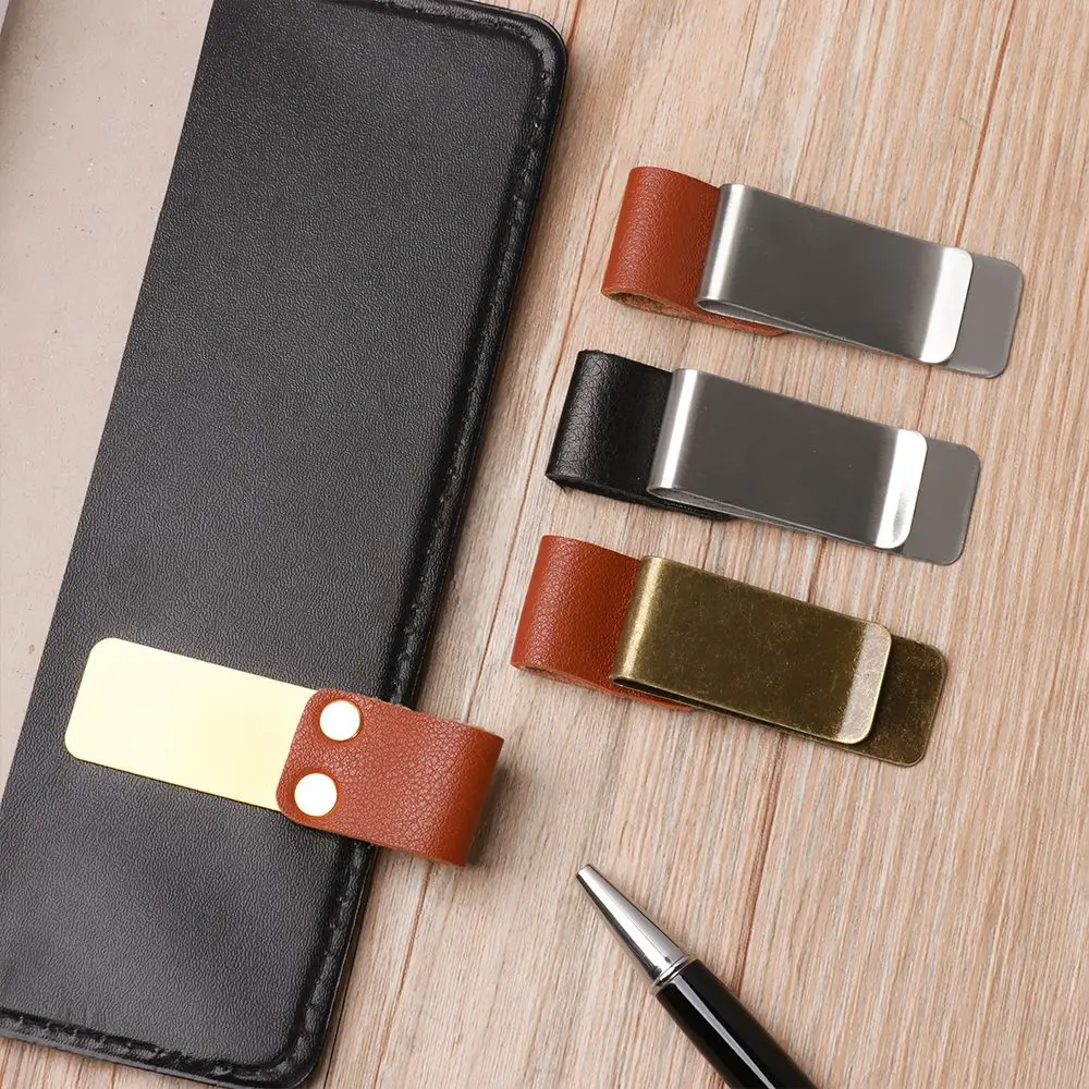 Stationery Metal Portable Brass Pen Folder Stainless Steel Clips Handmade Leather Notebook Holder