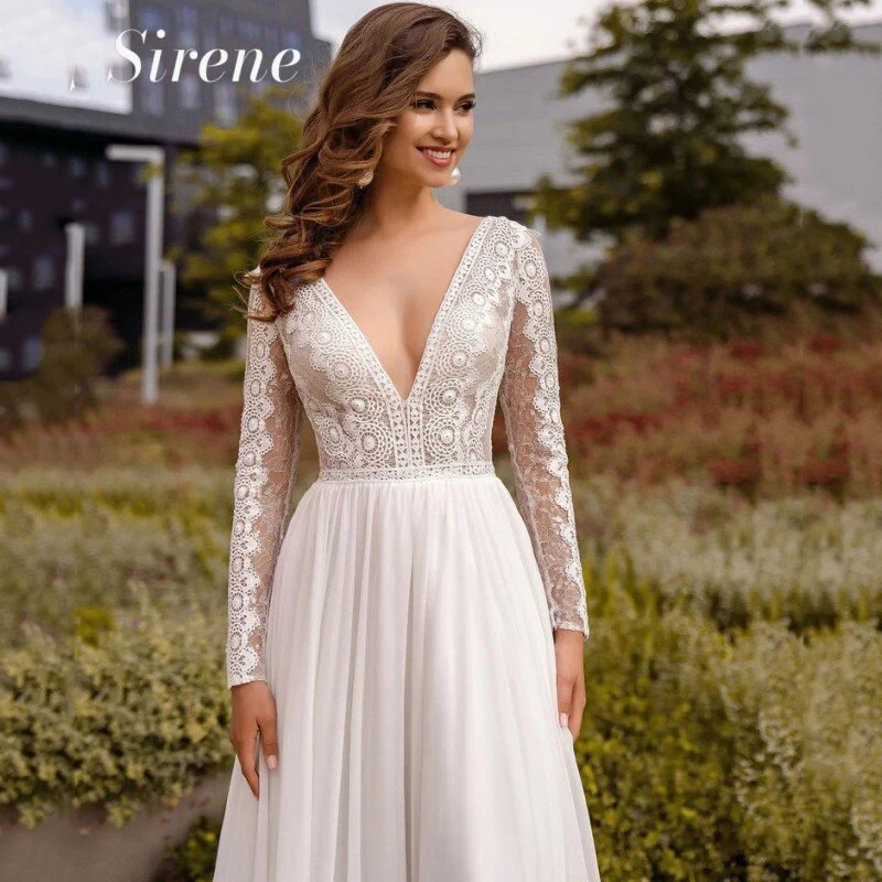 Behomian abito da sposa bianco a-line scollo a v manica lunga pizzo Applique Chiffon Backless abiti da sposa Sweep Train Vestidos De Novia