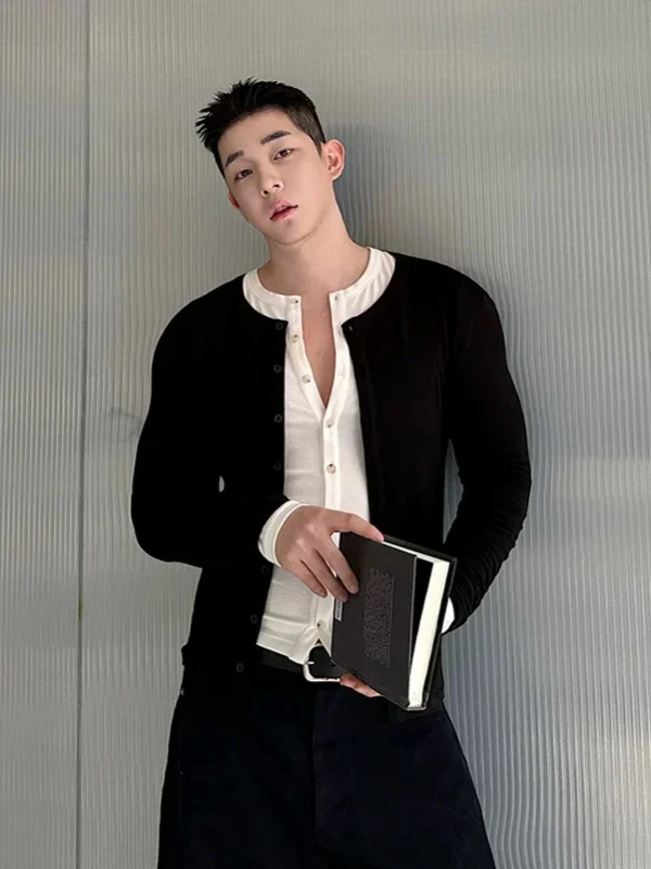 Shape Enhancing Lightweight Breathable Men's T-Shirt round Neck Button up Silk Bamboo Fiber Long Sleeve Fashionable Top