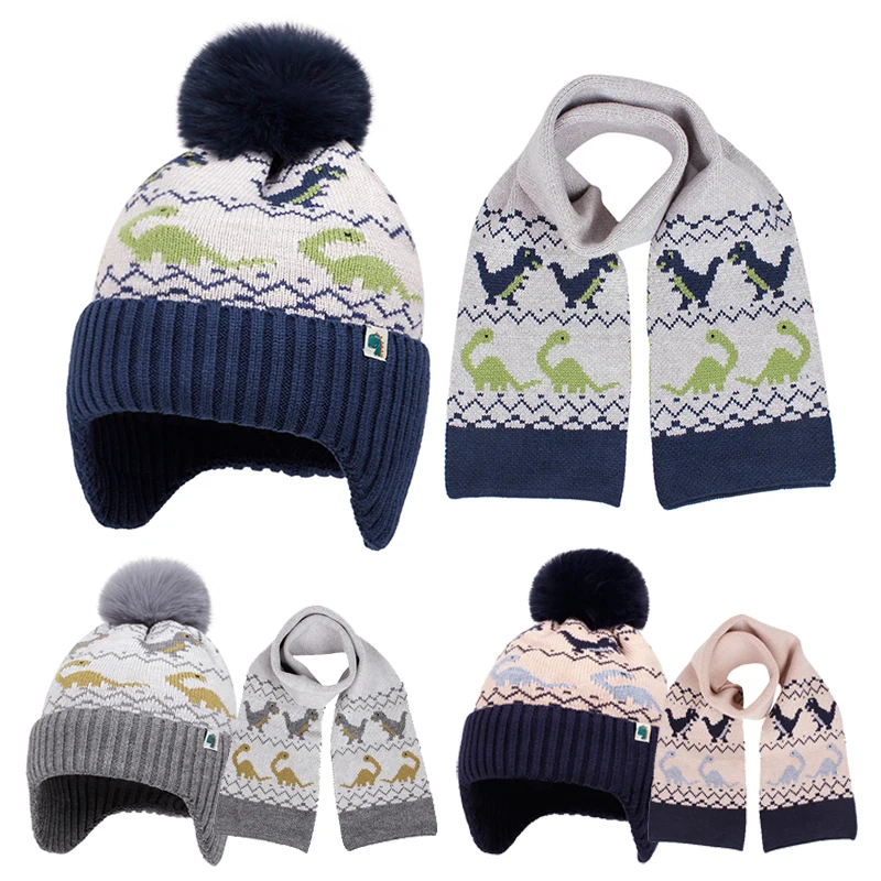 

Детская шапка, шарф, 2 шт./компл., детские вязаные шапочки с рисунком динозавра, уличные теплые зимние лыжные шапки с помпоном, аксессуары для мальчиков и девочек
