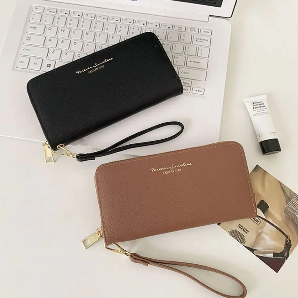 Elegant Solid Color Women's Long Wallet With Zipper Pocket Long Hand Clutch Multifunctional Card Holder PU Leather Wallet Lady