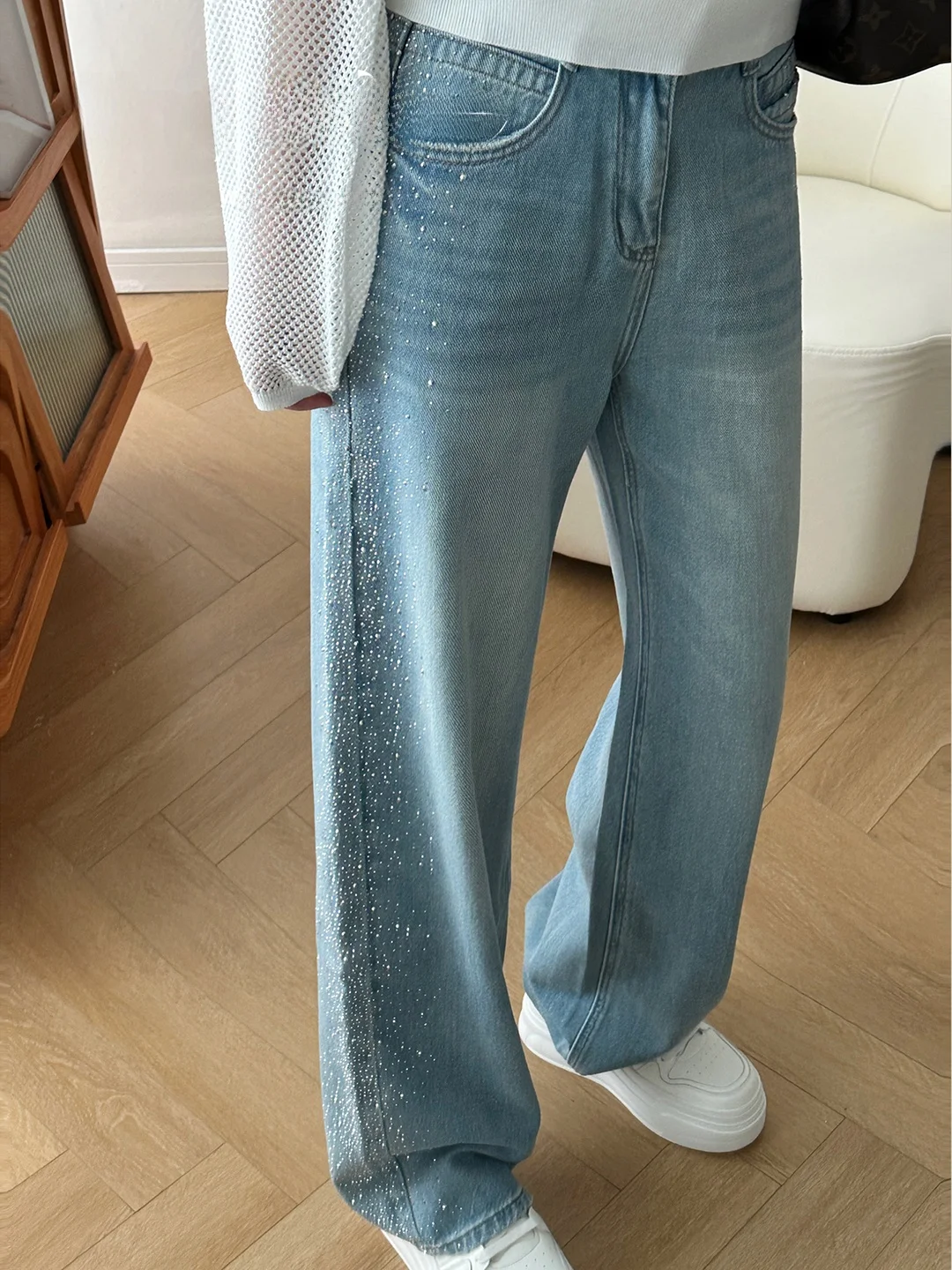 

High Waist Wide Leg Jeans Women's Summer Thin Loose Floor-Length Diamond-Heated Straight Cut Denim Pants Cotton Stretch