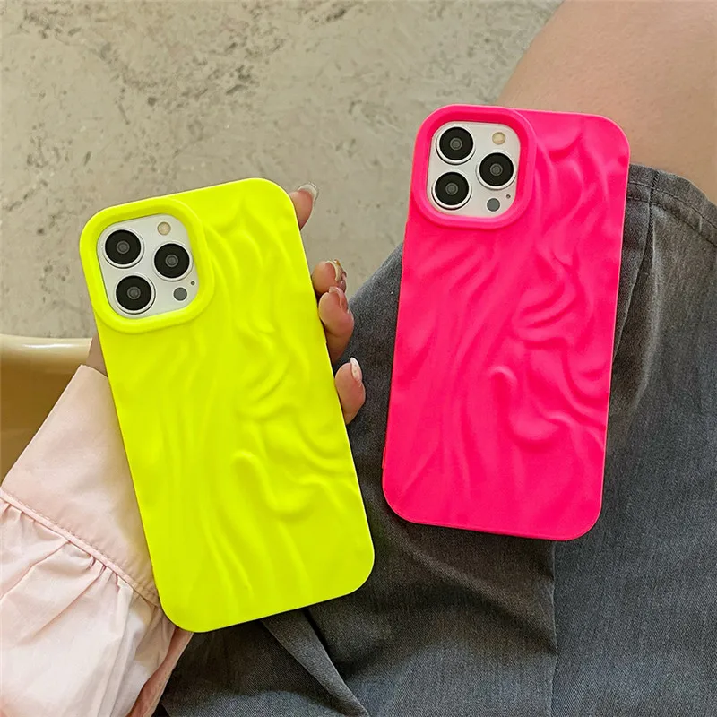 Fluorescent Yellow 3D Frosted Folds Pattern Phone Case For iPhone 15Pro 14 13 11 12 Pro Max Japan Cute Silicone Shockproof Cover