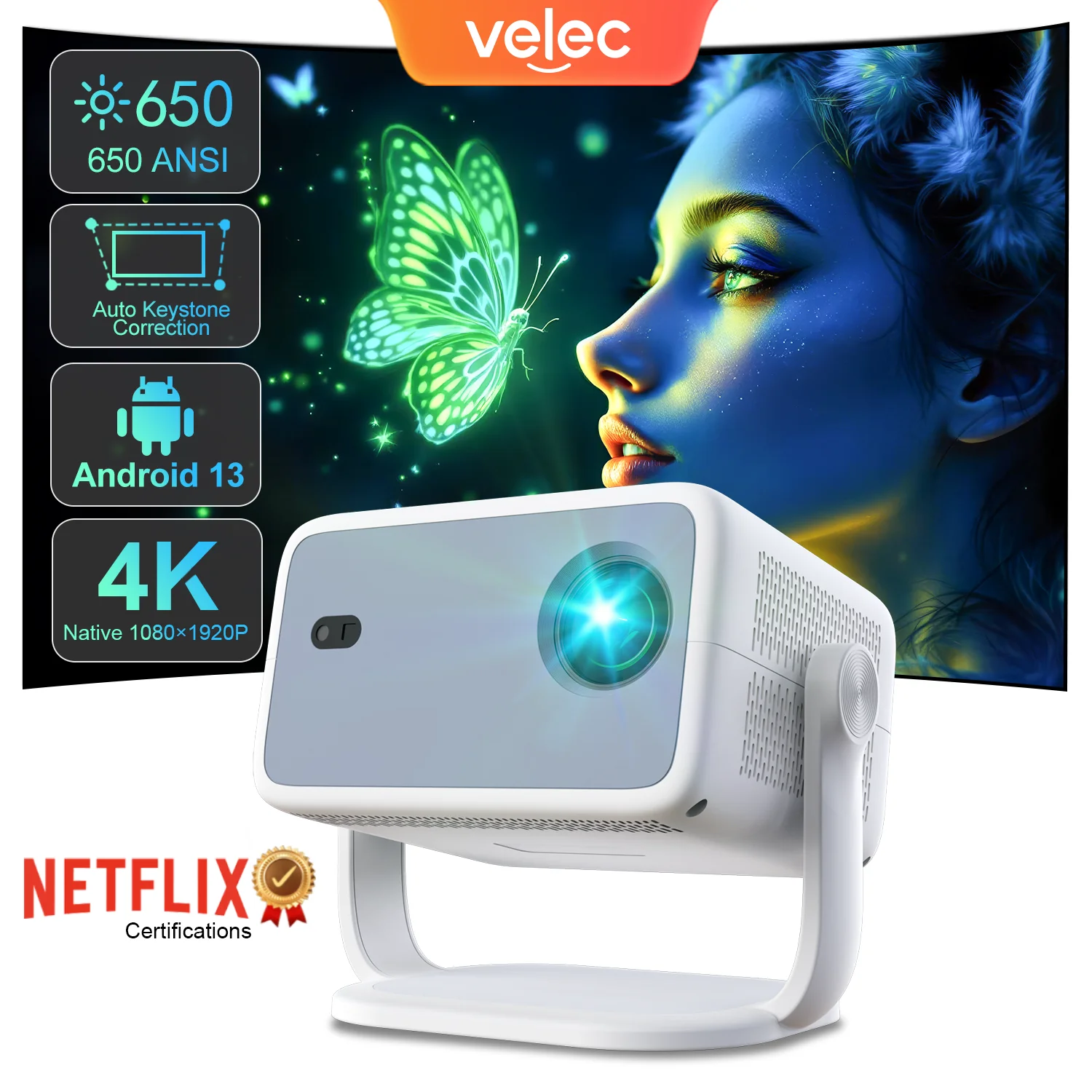 TP350 Projector 4K Netflix Certification Android 13 650ANSI 1080P Native Wifi6 BT5.2 Portable Projector Auto Keystone Correction